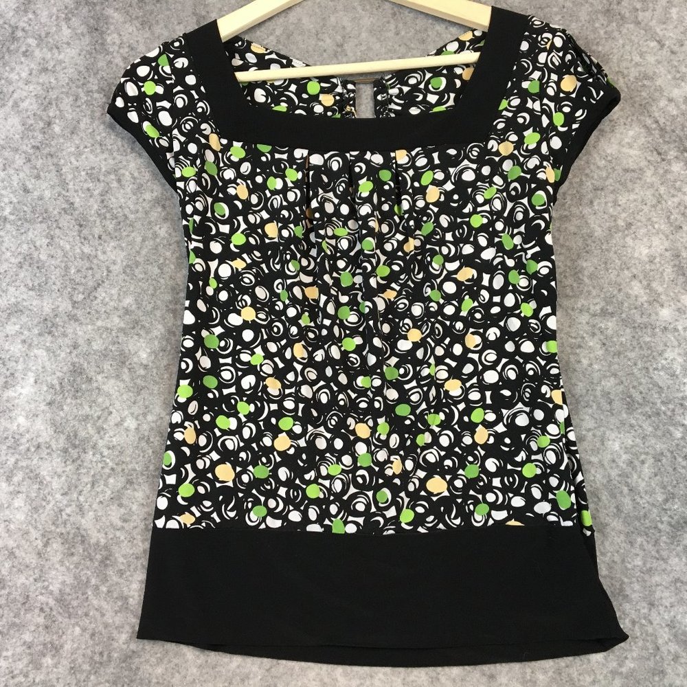 New Directions Top M Dot Print Cap Sleeve Peek a Boo Open Back Hardware Career